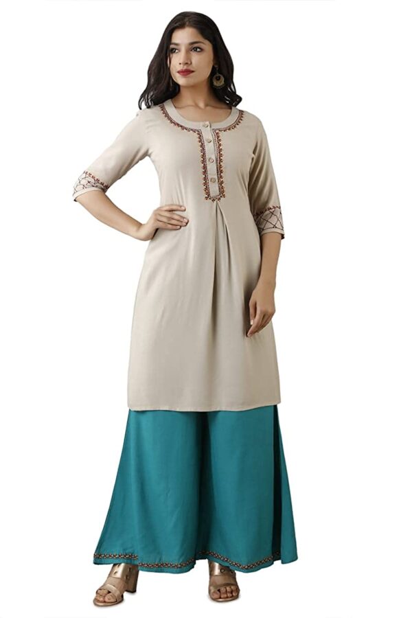 Beige Embroidery Casual Pleated Rayon Kurta
